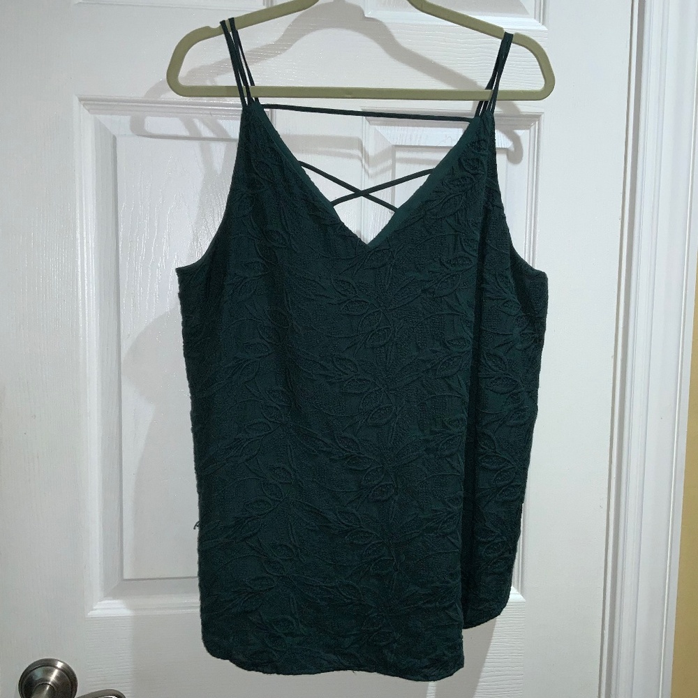 Loft V neck top Sz XL spaghetti straps caged back cotton blend lined dark green